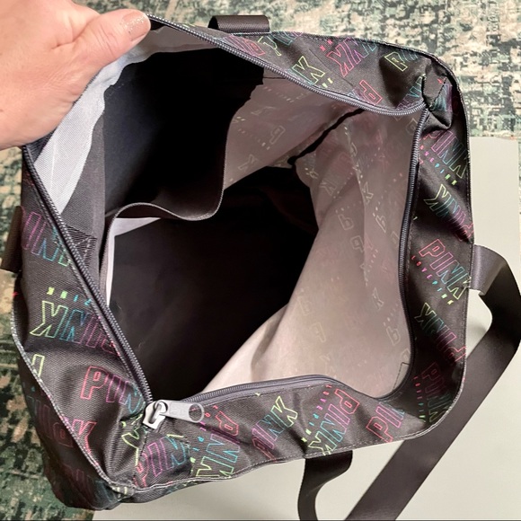 PINK Victoria’s Secret Black Zip Up Tote Bag Black Fluorescent Allover Logo - Picture 7 of 11